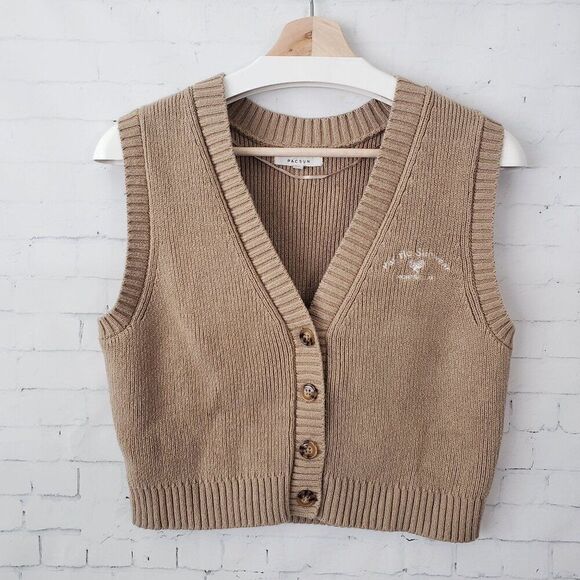 PacSun Pacific Sunwear Sweater Vest Size S Tan Button Front Swank Tank Academia - Picture 2 of 8